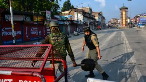 Indian Paramilitary Troopers Closes The Road Leading To Clock Tower With Barbed Wire During Curfew In Srinagar , Indian Administered Kashmir On 05 August 2019. Strict Curfew Was Implemented In Kashmir On 05 August 2019 Following The Decision To Scrap Article 370 Which Gave A Special Status To Kashmiri People. A Complete Communication Blackout And Curfew Is Implemented In Kashmir Valley From Midnight 05 August 2019.